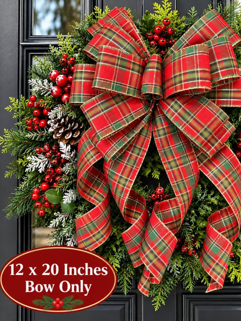 Traditional Red & Green Tartan Plaid Christmas Bow with Gold Accents Wreath Deco